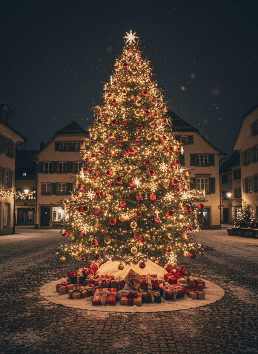 Ein einzelner, festlich geschmückter Weihnachtsbaum bei Nacht, umgeben von Geschenken, ohne Menschen oder Marktstände, warme Lichter, stimmungsvolle Weihnachtsatmosphäre, passend für einen Adventsmarkt in Regensdorf