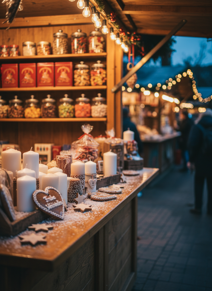 A close-up of a beautifully decorated Weihnachtsmarkt stall counter in Regensdorf, built from rich, weathered timber with visible grain and a slightly glossy varnish. On the counter sit neatly arranged handmade candles, gingerbread hearts with intricate icing, and small wooden ornaments shaped like stars and snowflakes, all dusted with a hint of powdered “snow.” Behind, shelves are lined with red-and-gold tins and glass jars of festive treats. Warm, low-hanging string lights cast a golden evening glow, creating gentle reflections on glass and metal surfaces. Captured at eye level in photographic realism with a shallow depth of field, the foreground objects are in crisp focus while the rest of the market stall fades into a soft, playful bokeh of lights and colors.