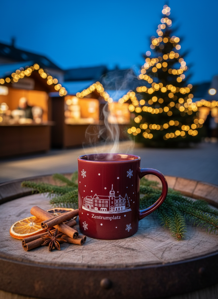 A steaming ceramic mug of spiced punch resting on a rustic wooden barrel table at the Weihnachtsmarkt Regensdorf. The mug is deep burgundy with a small printed illustration of Zentrumplatz and subtle snowflake patterns, its surface slightly glossy, catching highlights from nearby lights. Cinnamon sticks, orange slices, and star anise lie artfully beside the mug on the barrel’s rough, ringed wood surface. In the softly blurred background, rows of illuminated market stalls and a decorated fir tree glow with warm fairy lights. The scene is shot at eye level in photographic realism, with evening blue hour light mixing with warm artificial lighting, creating a playful, cozy, and inviting atmosphere ideal for an events website.