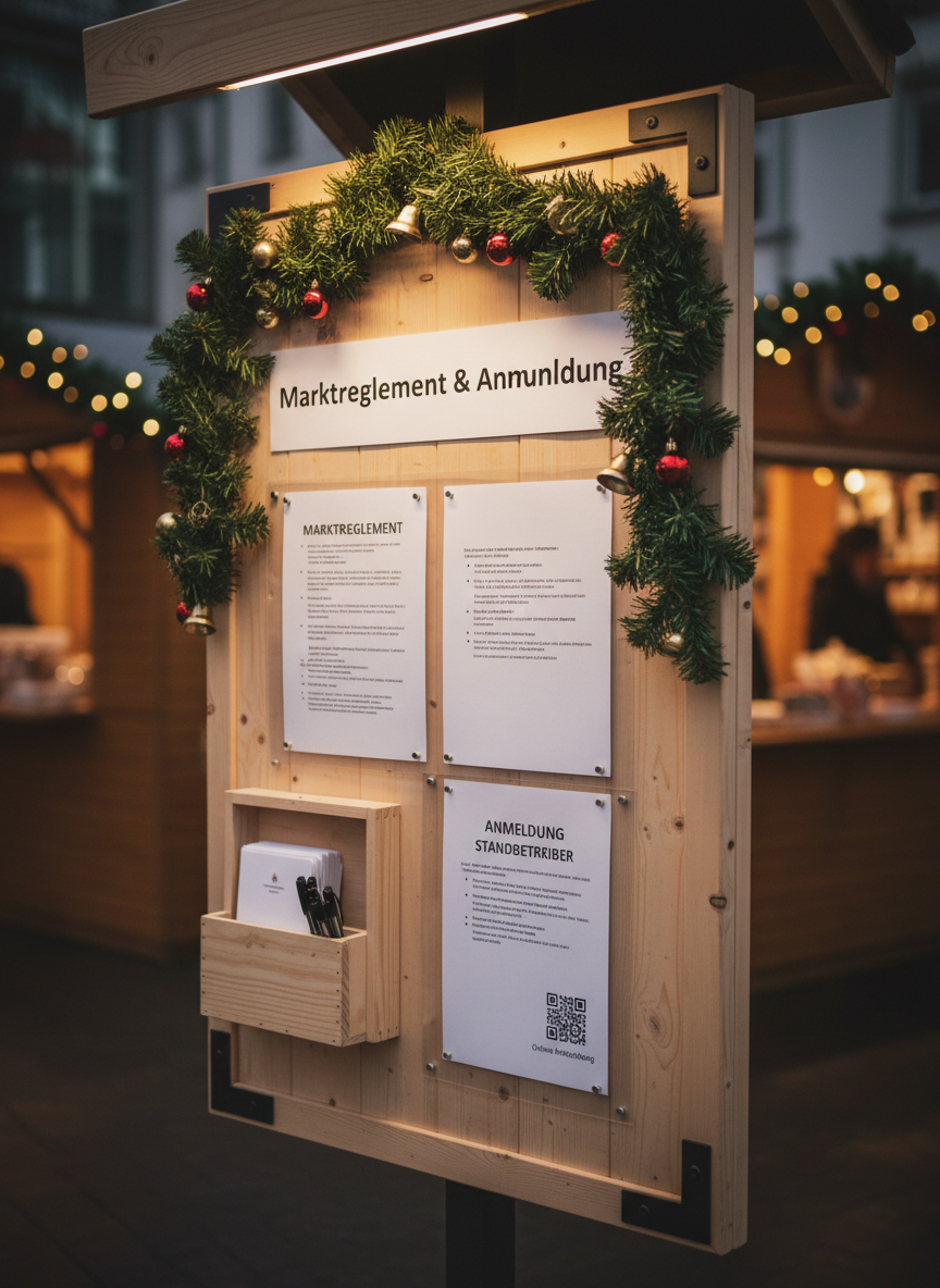 A playful detail shot of a “Marktreglement & Anmeldung” information board at the Weihnachtsmarkt Regensdorf. The board is made of smooth, light wood framed with dark metal brackets and decorated with a garland of fresh fir branches, tiny red baubles, and miniature bells. Printed sheets with clearly visible headings and tidy bullet points are pinned under transparent covers, with a small QR code on one page representing the online application form. Nearby, a small wooden box holds blank forms and pens. Soft warm spotlights from above create gentle highlights on the paper and wood, while the background shows a softly blurred hint of lit stalls. Photographic realism, eye-level composition, clean and organized mood, reinforcing the practical side of the event.